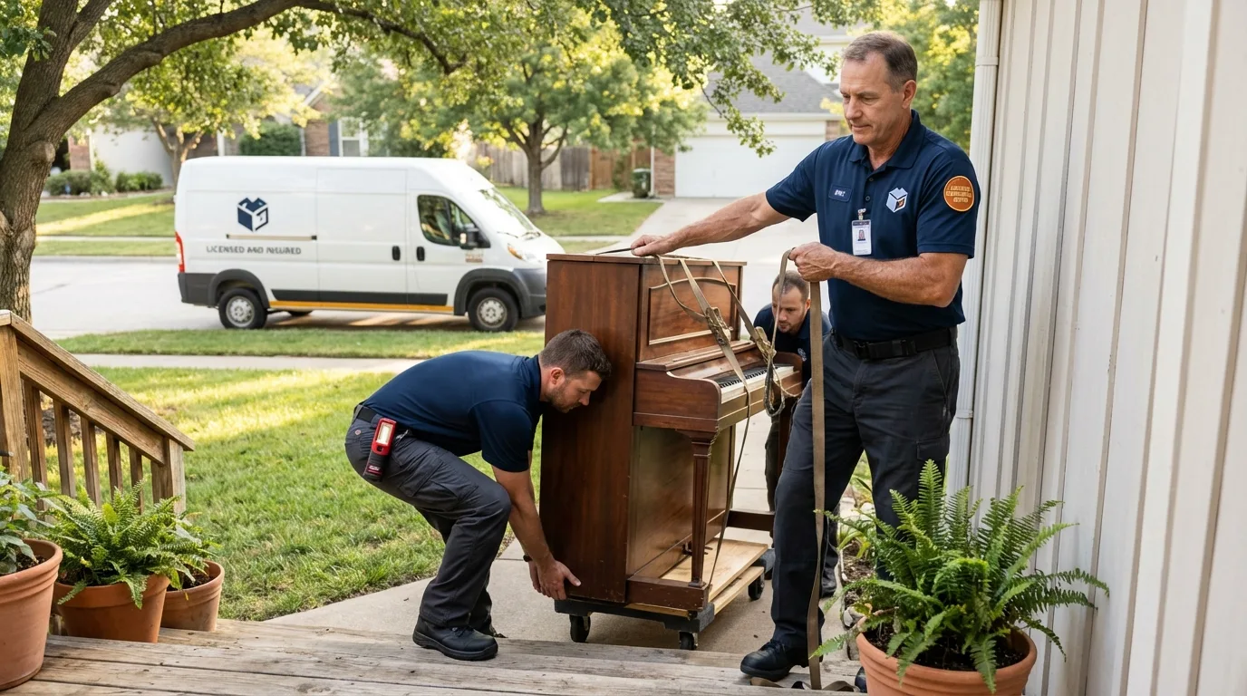 Licensed piano movers securing grand piano in Stratford, NJ