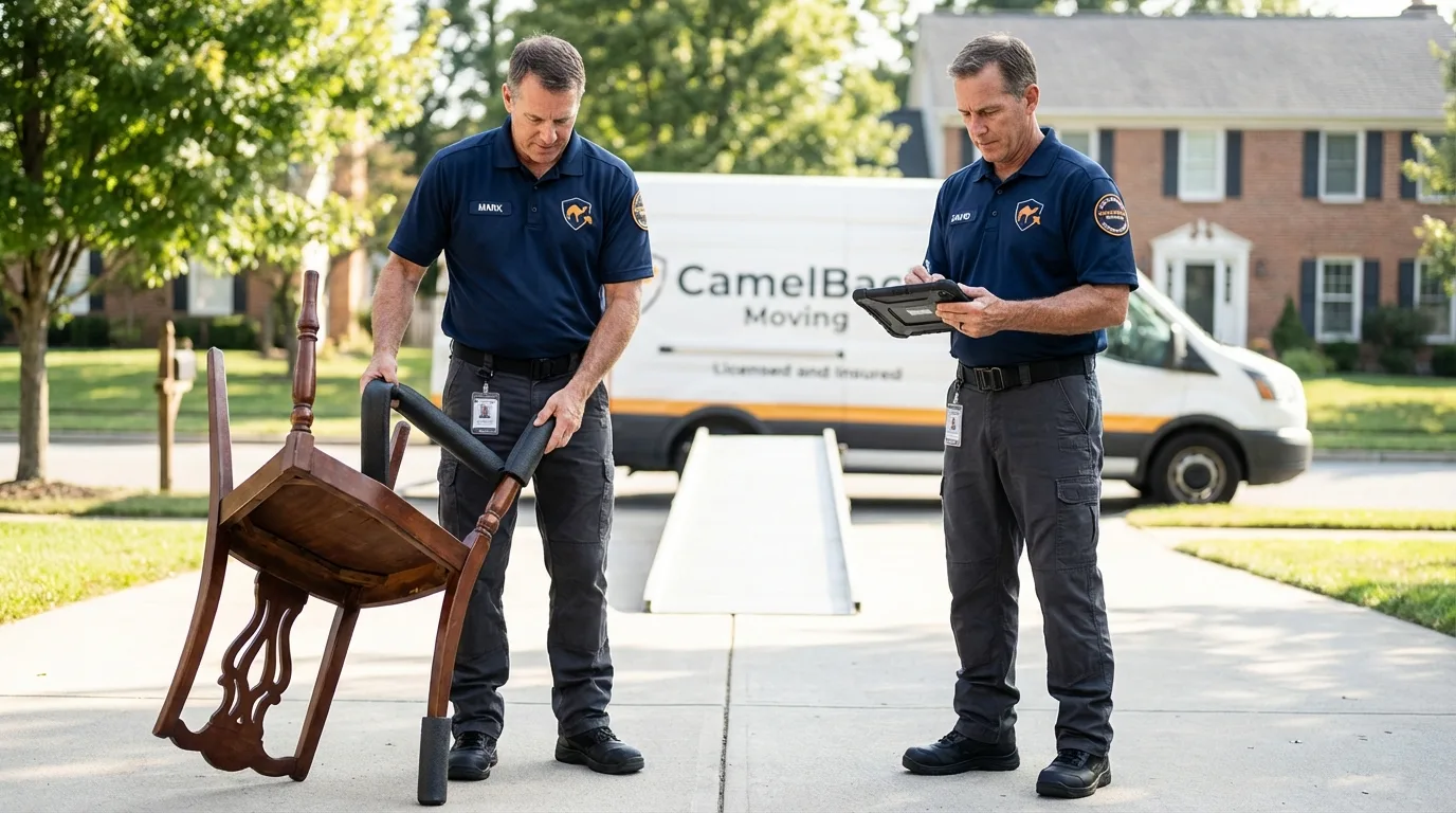 Movers inspecting furniture for damage prevention before loading in Stratford, NJ