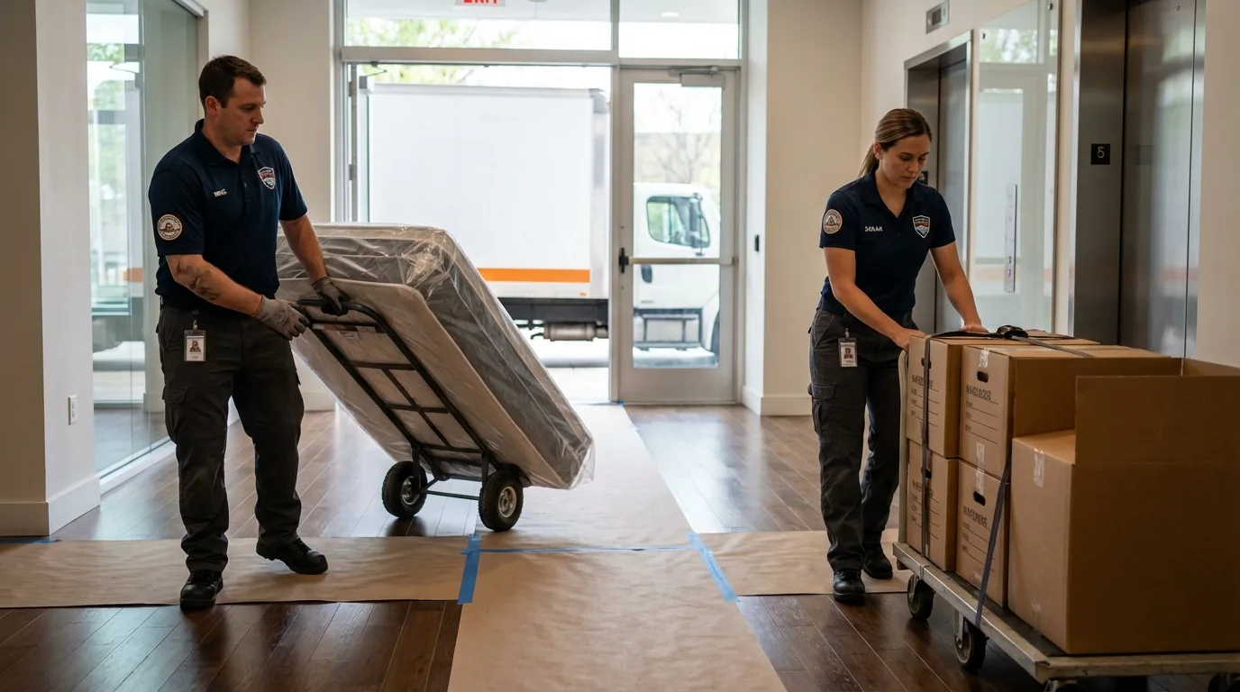 Professional apartment movers loading elevator in Stratford, NJ
